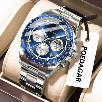 POEDAGAR Top Original Man Wristwatch Waterproof Stainless Steel Luminous Men Clock Chronograph Date Quartz Sports Men's Watches