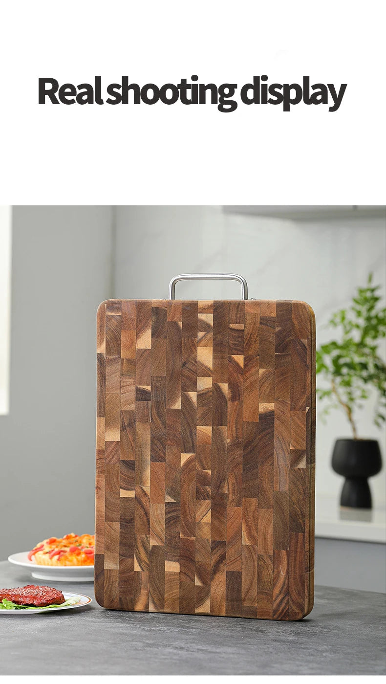 Large Acacia Wood Cutting Board, Checkerboard End Grain Butcher Block, Thick Reversible Wooden Chopping Board with Metal Handle