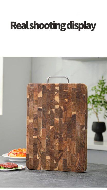 Large Acacia Wood Cutting Board, Checkerboard End Grain Butcher Block, Thick Reversible Wooden Chopping Board with Metal Handle