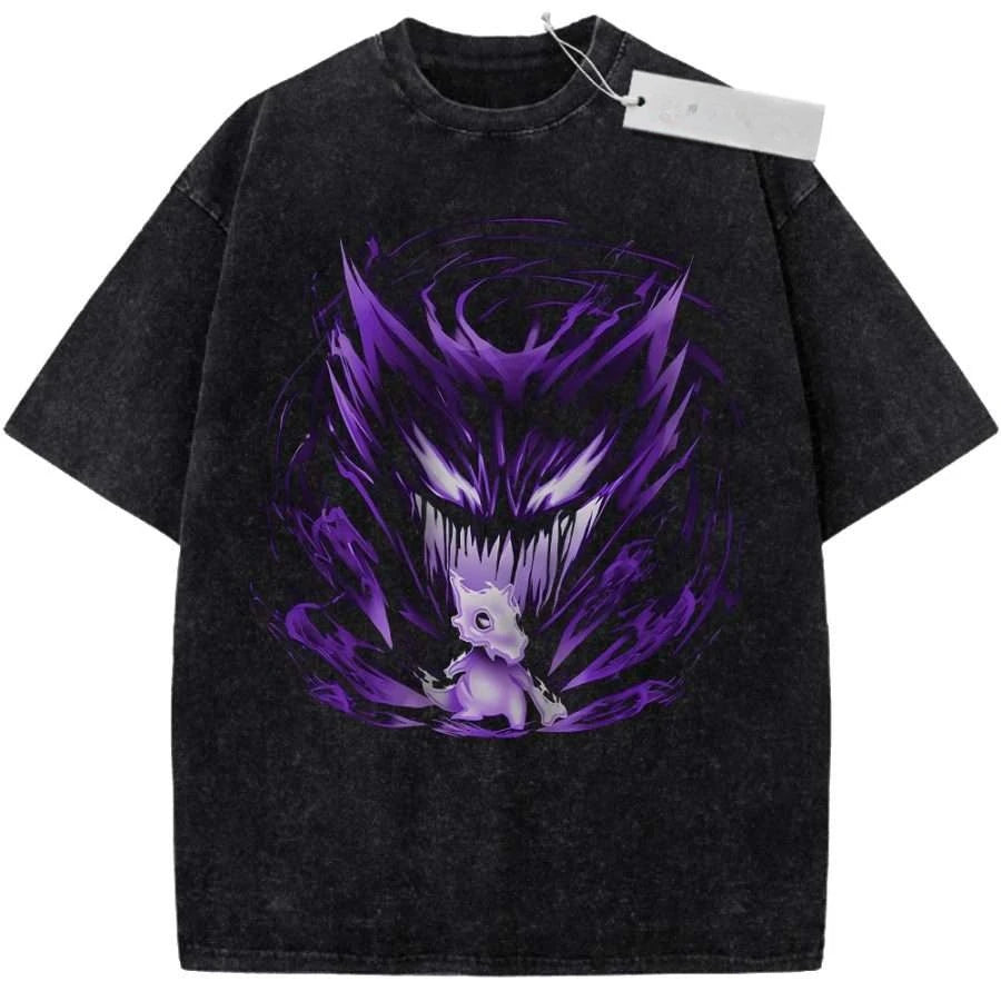 Oversize Vintage Washed Pokemon T Shirt Cute Mimikyu Cartoon with Small Ghost Companion Graffiti Print Streetwear Casual Wear