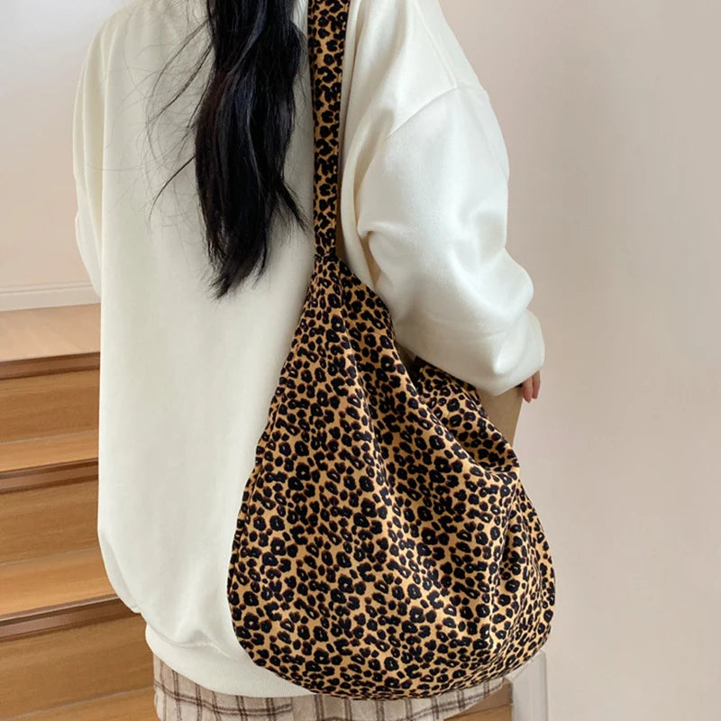 Female Leopard Print Messenger Bag Modern Shoulder Canvas Bag Student Diagonal Large Capacity Straddle Bag