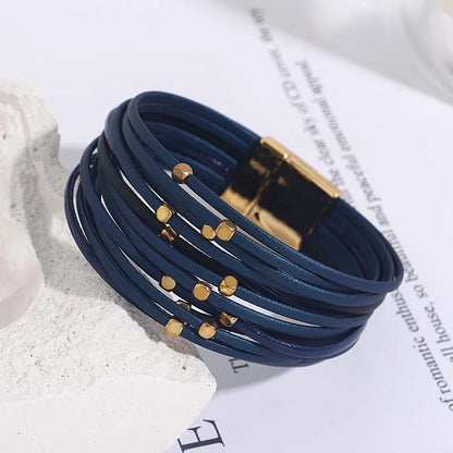ALLYES Charm Triple Color Leather Bracelet for Women Bohemian Metal Beads Multilayer Thin Strip Wrap Bracelets Fashion Jewelry