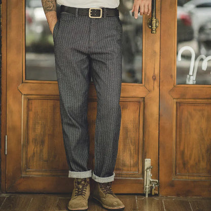 Maden Men's Vintage 12.8oz Grey Striped Jeans Straight Zip Fly with Pockets Tapered Pants Versatile Herringbone Cotton Trousers