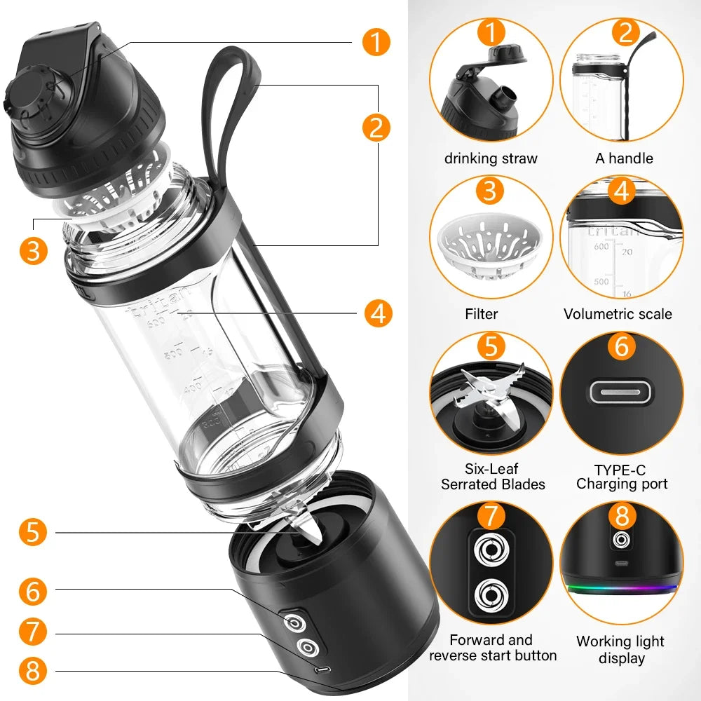 Portable Juicer Blender 700ML USB Rechargeable 6000mAh ice crusher Fresh juice Fruit Milkshake Smoothie for kitchen Outdoor