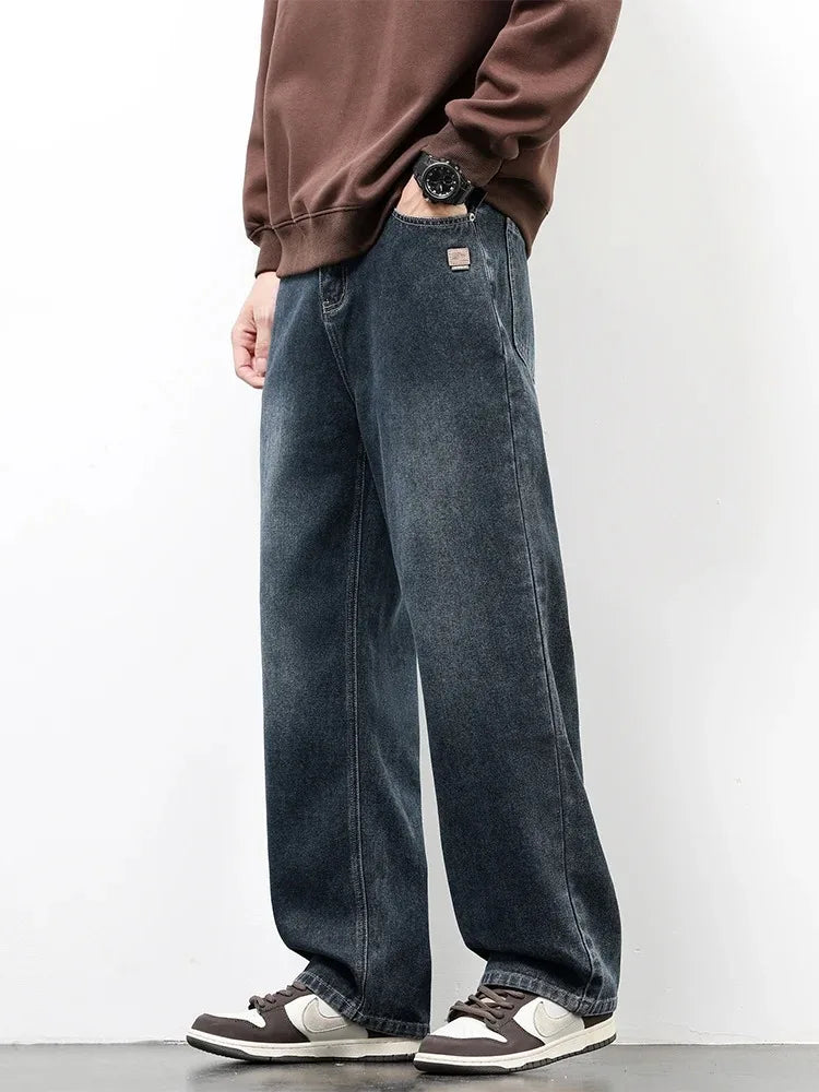 Spring Autumn American Retro Straight Jeans Men Streetwear Korean Fashion Loose Baggy Wide Leg Denim Pants Male Casual Trousers