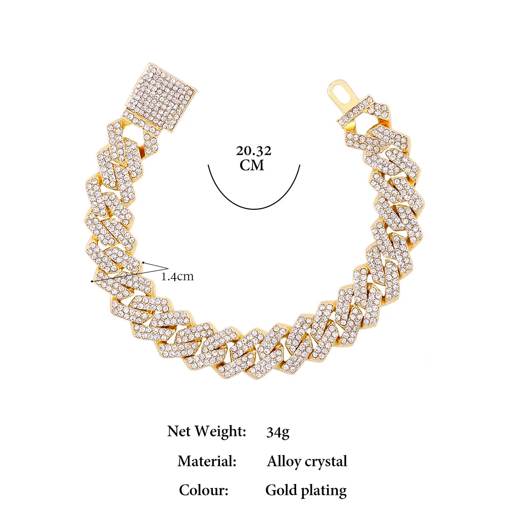 7/8/9inch 14MM Cuban Link Chain Bracelets Women Men Rhinestone Paved Prong Cuban Chain Bracelet Wristband Hip Hop Jewelry