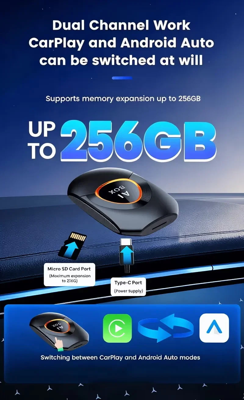 CarRocket Android 15.0 System AI Box Wireless CarPlay & Auto Adapter 4K Video Support Compatible with Factory CarPlay & Android