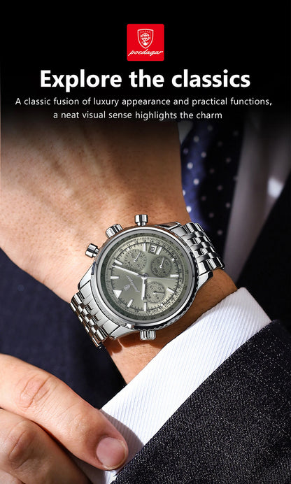 POEDAGAR Luxury Fashion Men Watch Stainless Steel Waterproof Luminous Quartz Male Clock Date Chronograph Military Men's Watches