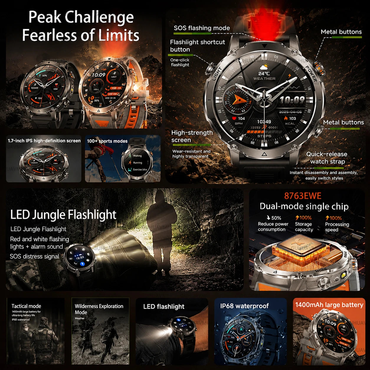New 1400mAh Battery Sports Smart Watch 1.7” SOS+Flashlight Exercise Record Bluetooth Call Waterproof Health Watch For Android iO
