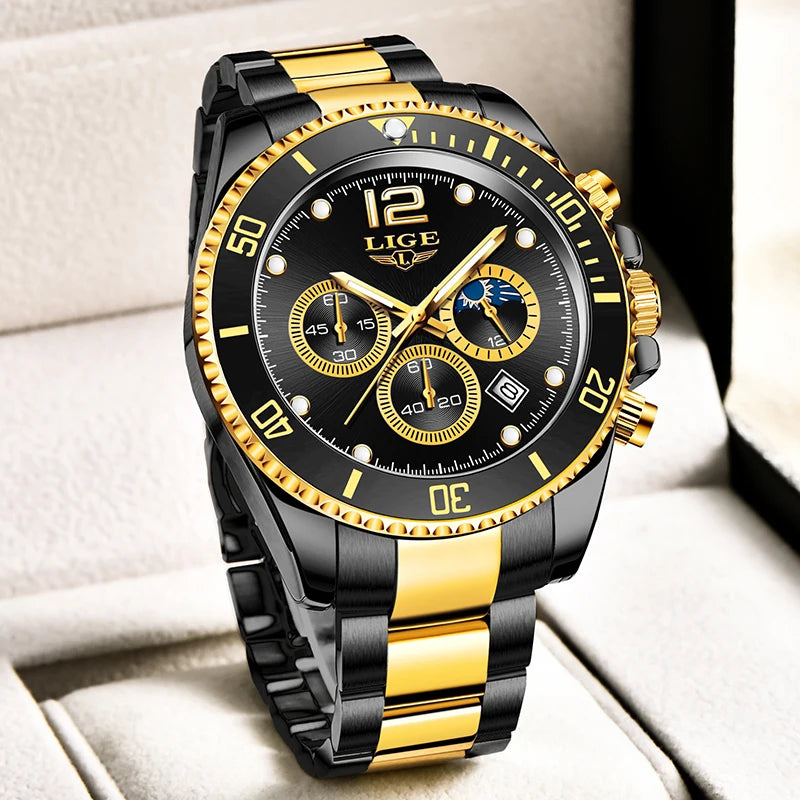 LIGE Outdoor Sport Watch For Men Fashion Military Waterproof Luminous Men Watch Round Stainless Steel Quartz Chronograph Male