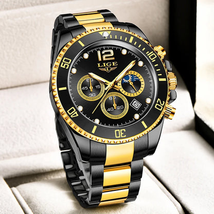 LIGE Outdoor Sport Watch For Men Fashion Military Waterproof Luminous Men Watch Round Stainless Steel Quartz Chronograph Male