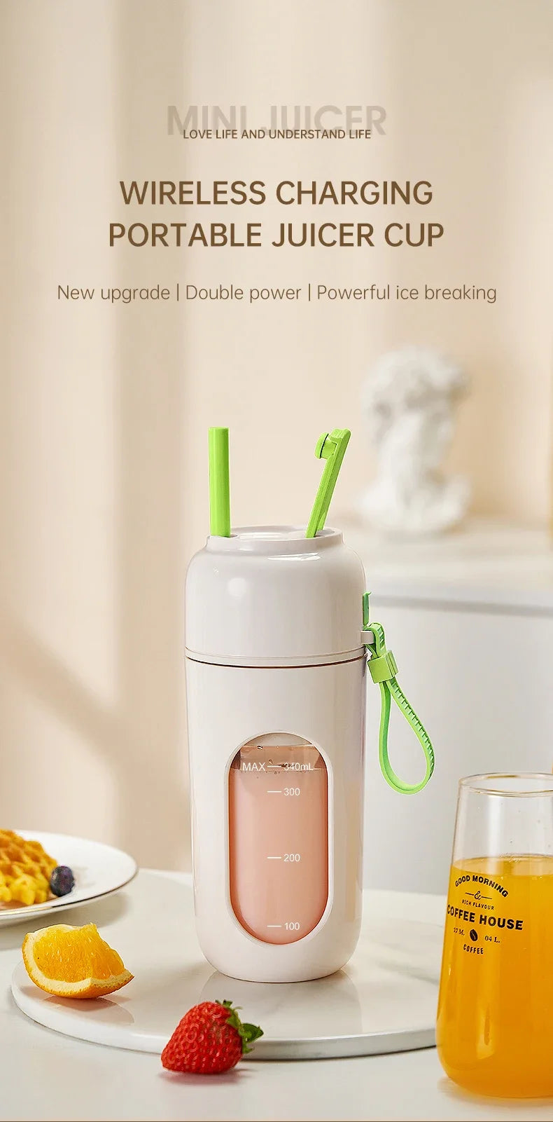 Portable Electric Juicer Cup 350mL for Smoothies Shaved Ice Juices12 Blade Stainless Steel Blender with Wireless Charging