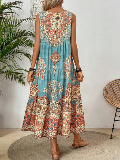 Summer print crew-neck sleeveless dress for women  suitable for casual or beach wear for holiday and long holiday
