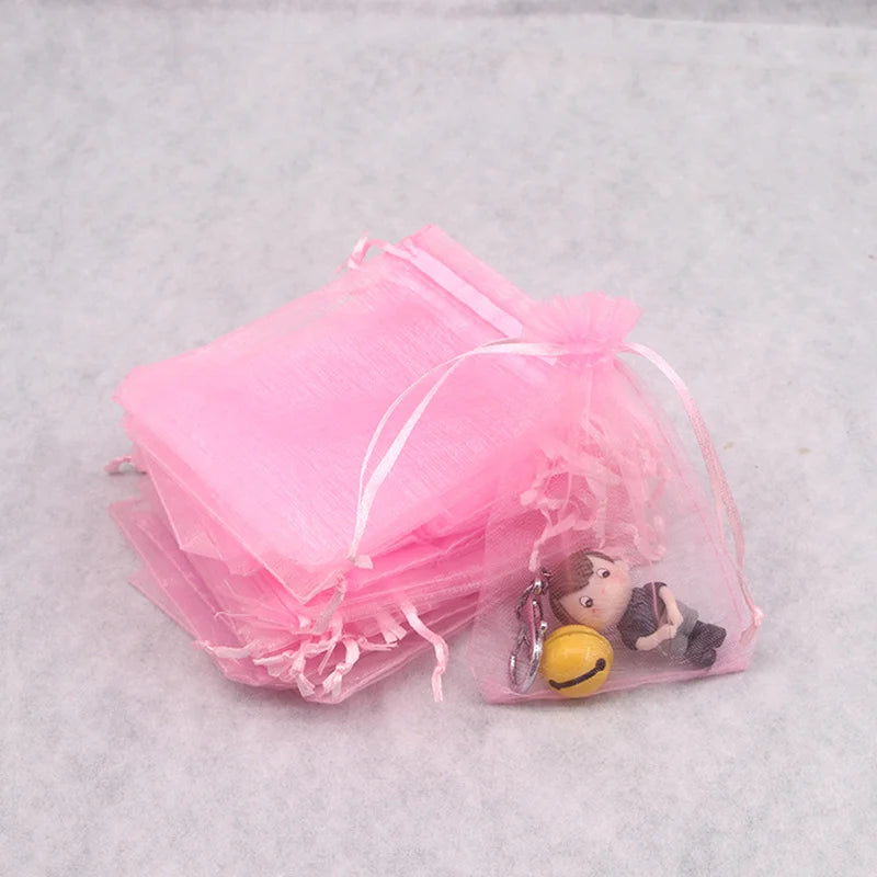 100PCS Organza Bags Random Mesh Organza Jewelry Bags Drawstring, Small Drawstring Favor Pouches Christmas Candy Wedding Birthday