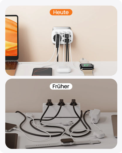 LENCENT EU Plug Power Strip with  3 AC Outlets +3 USB Charging Ports+ 1 Type C 5V 2.4A  Adapter 7-in-1 Plug Socket On/Off Switch