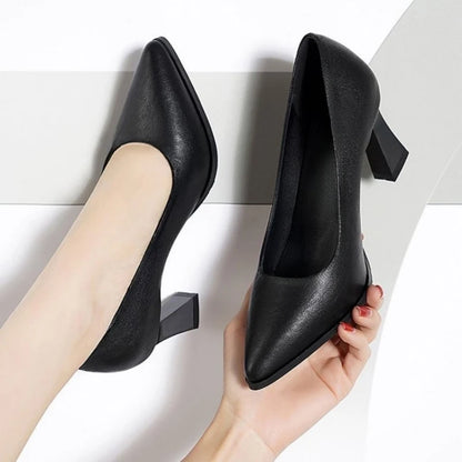 Women's Pumps, Lightweight Breathable Soft Leather Pointed Toe Heels, Square Block Heel Formal Shoes for Office & Business