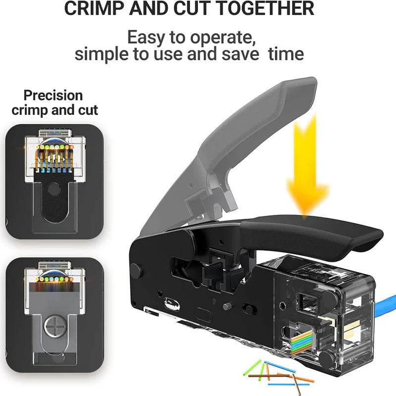 New Rj45 Rj12 Rj11 Pass Through Crimp Plier Cat7 Cat6 Cat6A Cat5 Cat5e Stripping Crimping Tool with 8P/6P Ethernet Connectors