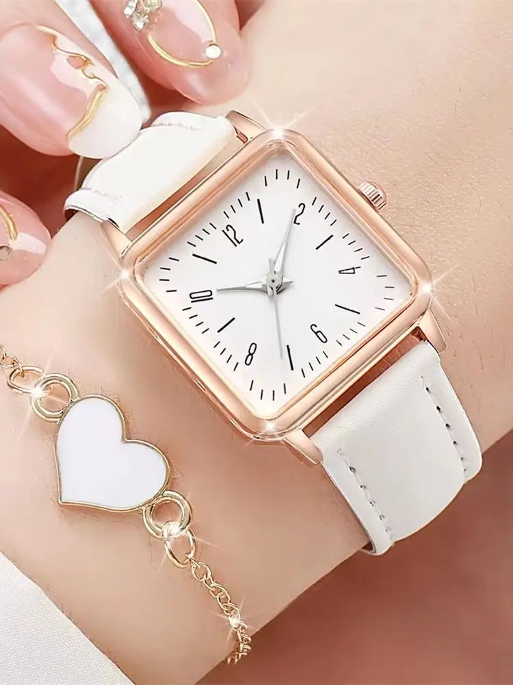 2PCS/Set Fashion Square Women's Watch Leather Band Quartz Watches Heart Bracelet Set