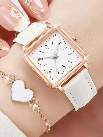 2PCS/Set Fashion Square Women's Watch Leather Band Quartz Watches Heart Bracelet Set
