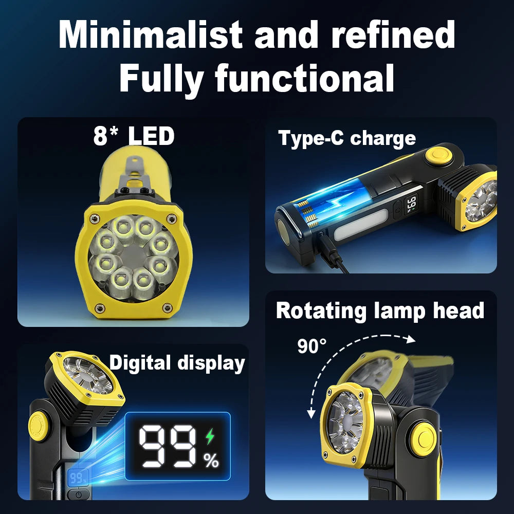 8LED High Power Flashlight LED Work Light Rechargeable Head Folds Magnetic Suction 18650 Battery For Mechanical Workshop Lantern