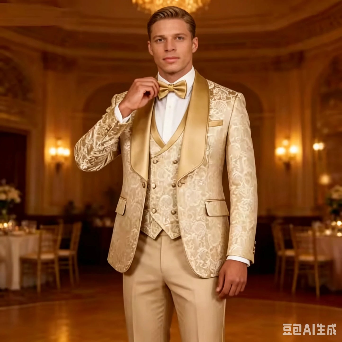 3 Pieces Champagne Jacquard Wedding Tuxedo for Groom Slim Fit Men's Formal Suits with Blazer Vest Pants Set for Prom Party Outfi