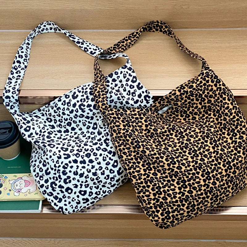 Female Leopard Print Messenger Bag Modern Shoulder Canvas Bag Student Diagonal Large Capacity Straddle Bag