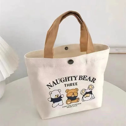 Little Bear Canvas Bag, Female Printed Versatile, Student Portable, Office Handbag, Bento Bag, Handbag, Sail Bag