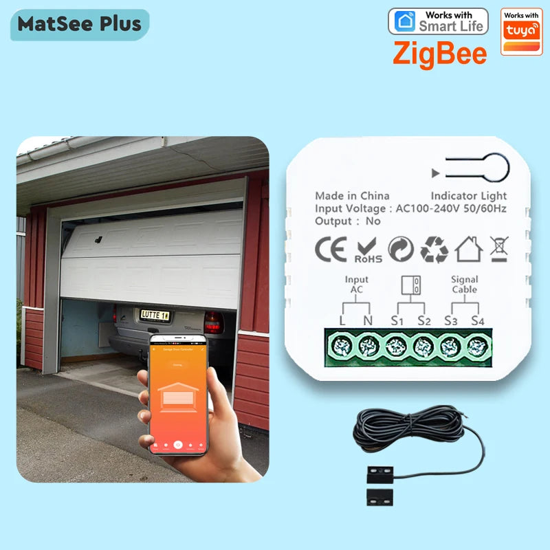 Smart Life ZigBee Garage Door Opener Controller App Remote Control Works with Tuya Alexa Google Home Zigbee2MQTT Gateway Needed