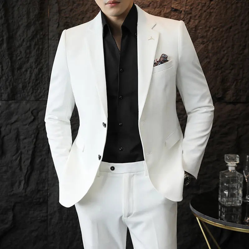 High quality Korean slim fit (suit + trousers) Fashion business handsome casual solid color wedding suit two-piece set