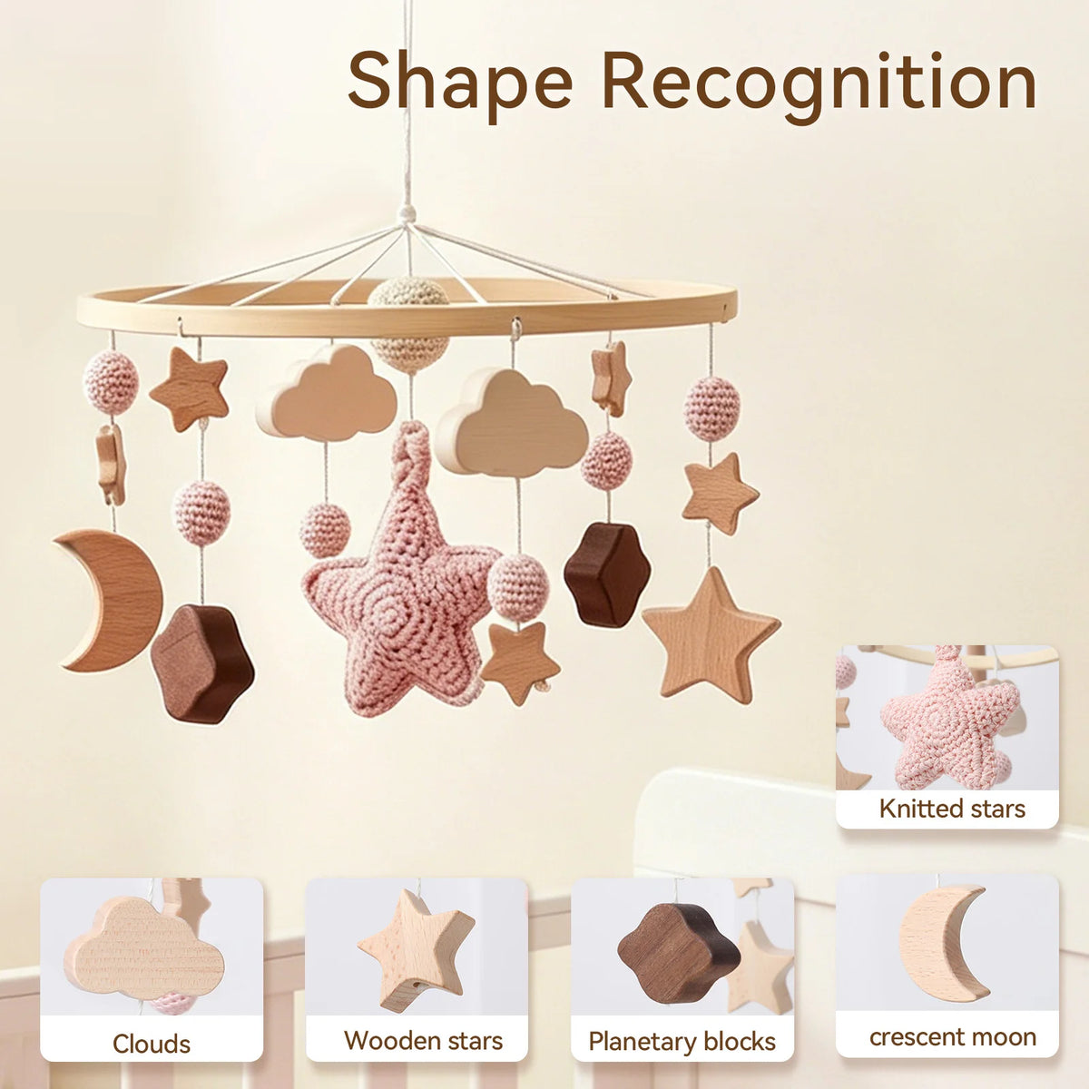 Pink Starry Sky Crib Mobile 360 Degree Rotation Baby Rattle Toys Wooden Stars Mobile Hanging Toys Baby Crescent Moon Bed Bell