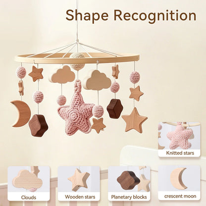 Pink Starry Sky Crib Mobile 360 Degree Rotation Baby Rattle Toys Wooden Stars Mobile Hanging Toys Baby Crescent Moon Bed Bell