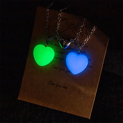 2Pcs/Set Luminous Hexagonal Column Heart Pendant Couple Magnetic Necklace Natural Stone Geometric Pendant Necklace Jewelry Gifts