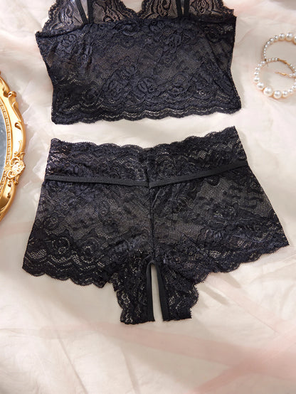 Women Black Open-Back Lace Two-Piece Panties Underwear Sleep Set