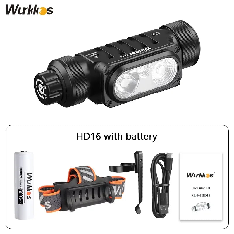Wurkkos HD16 Headlamp 2500 lm featuring red and white light modes and a sensor powered by an 18650 battery with USB-C charging