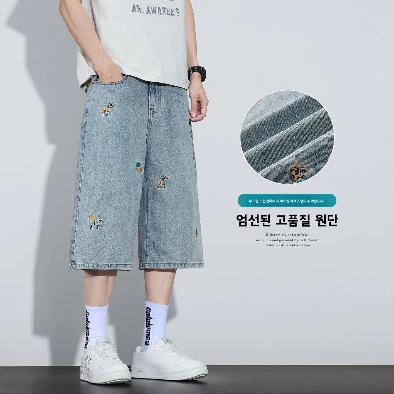 Korean Streetwear Washed Denim Jeans Summer Y2K Men's Casual Loose Trendy Brand Handsome Straight Wide-leg Short Pants Versatile