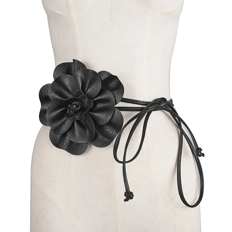 Bohemian PU Leather Waist Belt - Large Flower Tie Wrap Sash with Bow for Dress Decoration