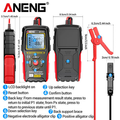 12V 24V Digital Car Battery Tester Alternator Automotive Analyzer Display Screen ANENG BT175 With Insulated Alligator Clip Tools