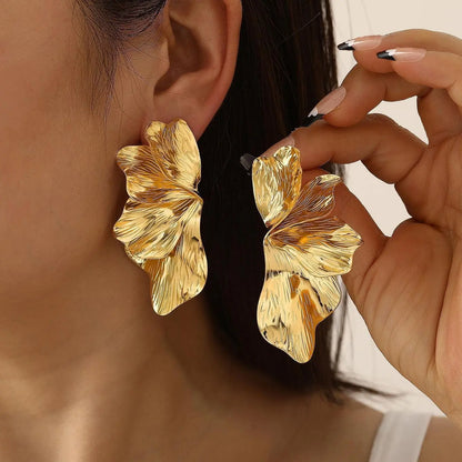 Stainless Steel Golden Double Layered Five Petal Flower Earring for Women Vintage Stripe Flower Dangle Earrings Jewelry Gifts