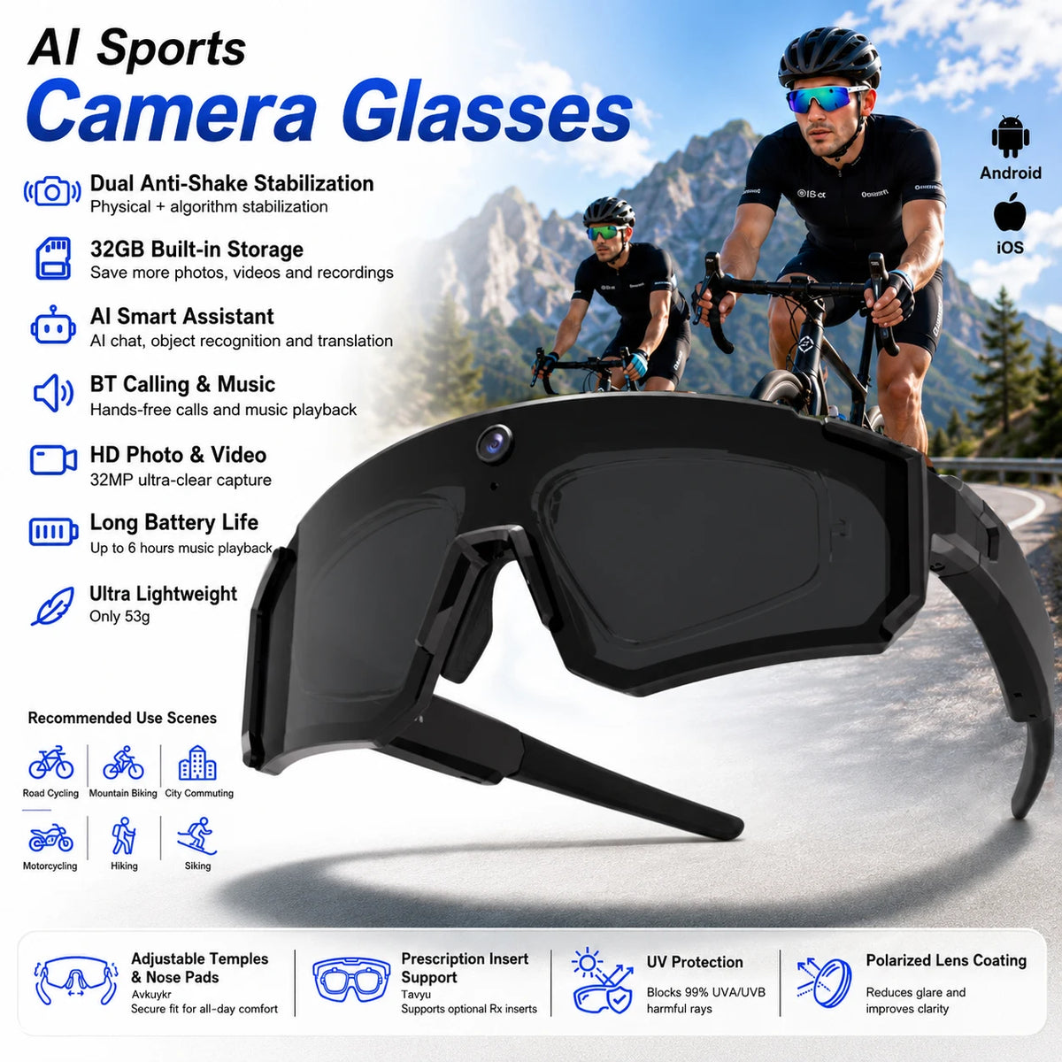 Smart POV Camera Glasses 8MP HD 4K60FPS POV Video Anti-Shake Open-Ear Audio Voice Assistant Running Cycling Sunglasses Men Women