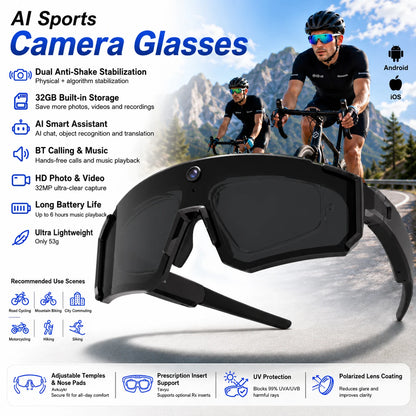 Smart POV Camera Glasses 8MP HD 4K60FPS POV Video Anti-Shake Open-Ear Audio Voice Assistant Running Cycling Sunglasses Men Women