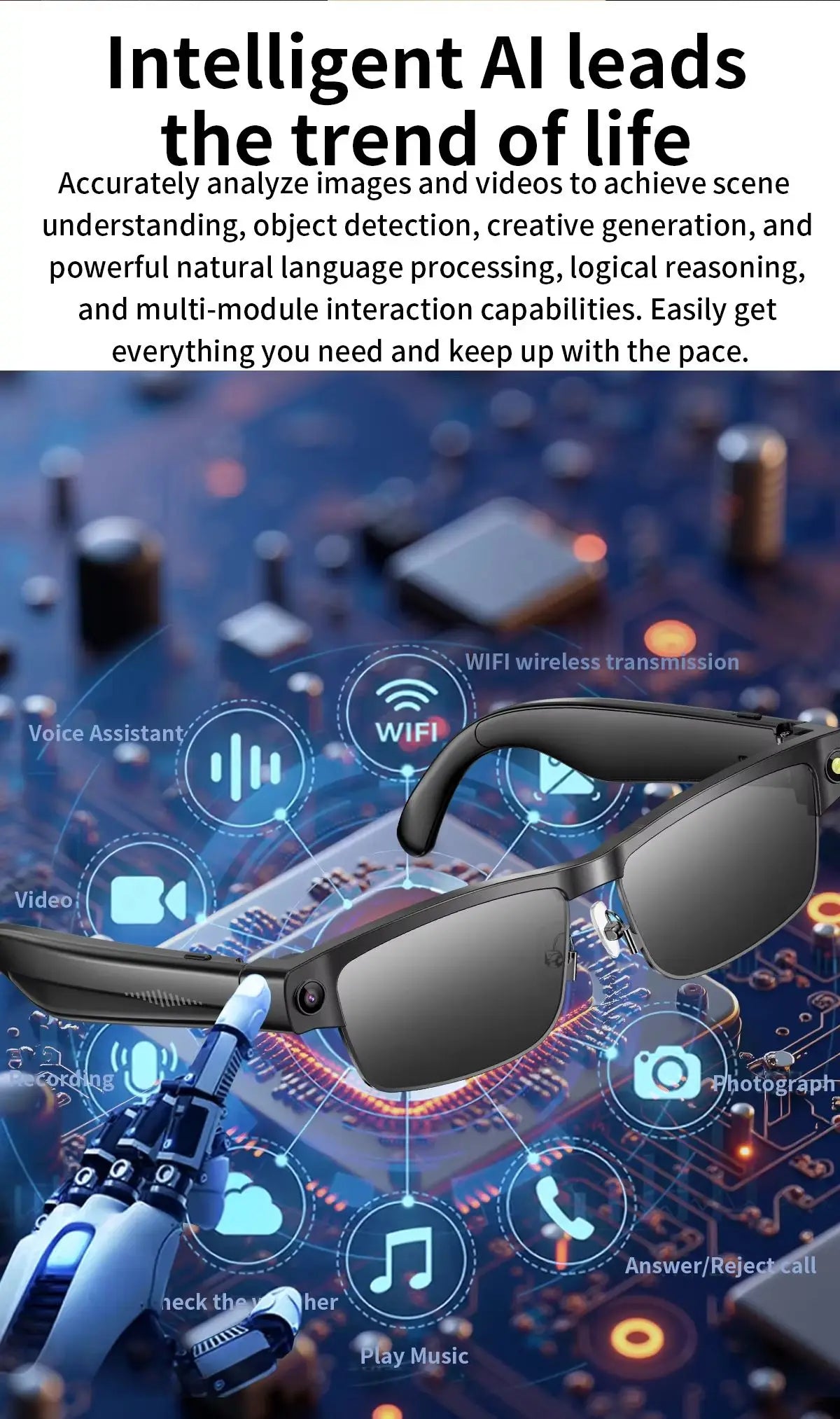 800W Pixel Camera Smart Glasses Photo Video Record BT Call Al Object Recognition Voice Assistant Translation Music Sunglasses
