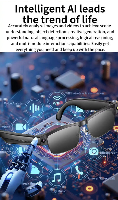 800W Pixel Camera Smart Glasses Photo Video Record BT Call Al Object Recognition Voice Assistant Translation Music Sunglasses