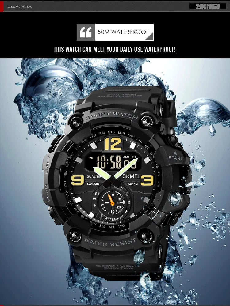 Skmei Dual Movement 3 Time Sport Wristwatch Mens Waterproof Electronic Watches Montre Homme Shockproof Digital Men Watch 1637