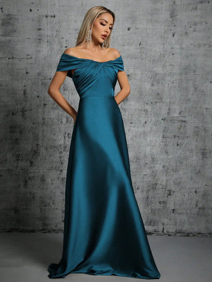 Mgiacy Line neck irregular cross pleated satin gown ball dress Party dress bridesmaid dress