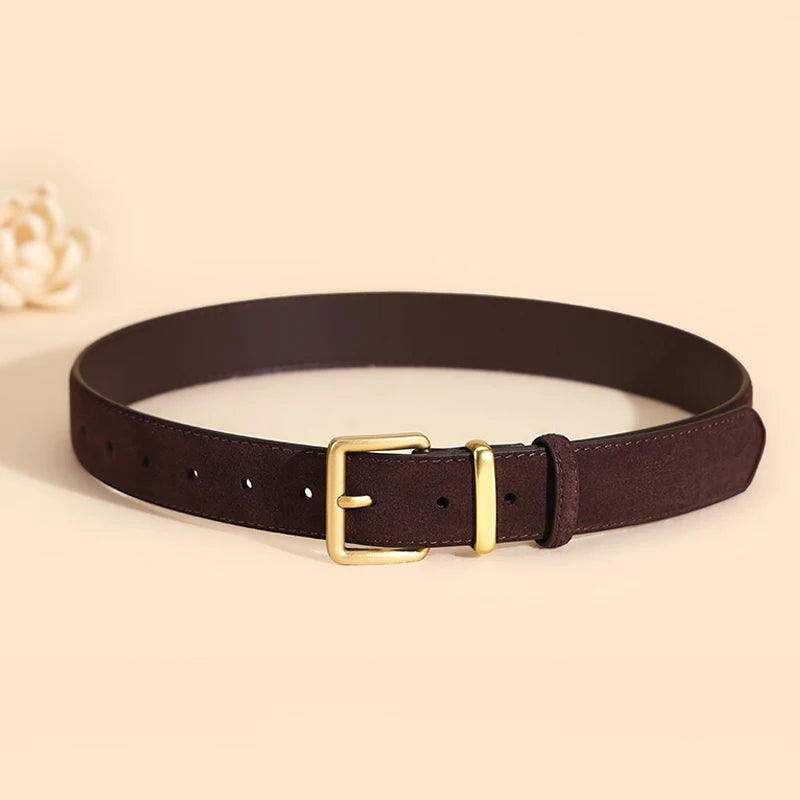 Luxury Suede Cowhide Leather Belt for Women, Vintage Style with Gold Buckle, 3.3cm Wide Waistband for Dresses & Jeans