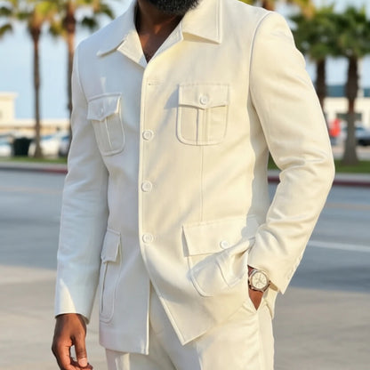 White Safari Men Suits with Structured Pocket Design Slim Fit 2 Pieces Man Fashion Blazer with Pants for Weekend Getaway Suit