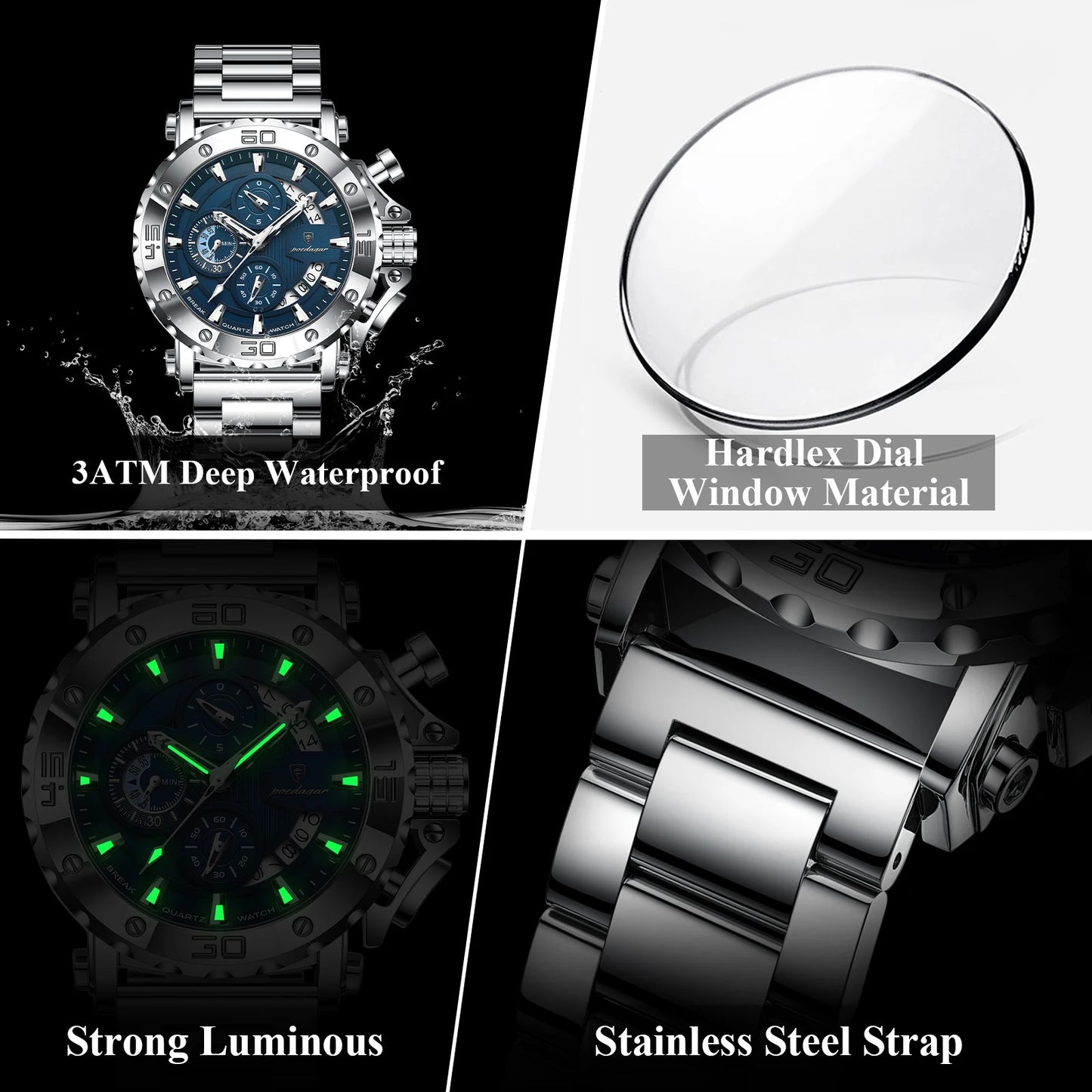 POEDAGAR Top Business Men's Wristwatch Luminous Waterproof Man Clock Chronograph Calendar Stainless Steel Quartz Watches For Men