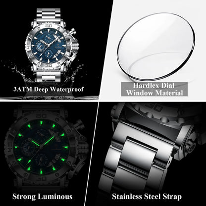 POEDAGAR Top Business Men's Wristwatch Luminous Waterproof Man Clock Chronograph Calendar Stainless Steel Quartz Watches For Men