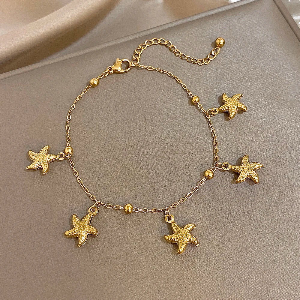 Fashion Gold Plated Stainless Steel Chain Bracelet for Women Cute Star Heart Cherry Tassel Charms Bracelets Waterproof Jewelry
