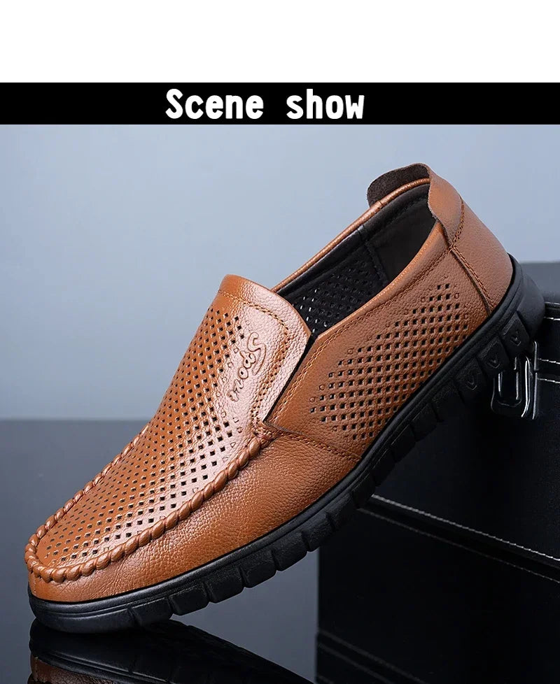 Men's Slip-On Loafers Summer Hollow Out Breathable Casual Shoes Comfortable Soft Sole Anti-Slip Leather Shoes-8822